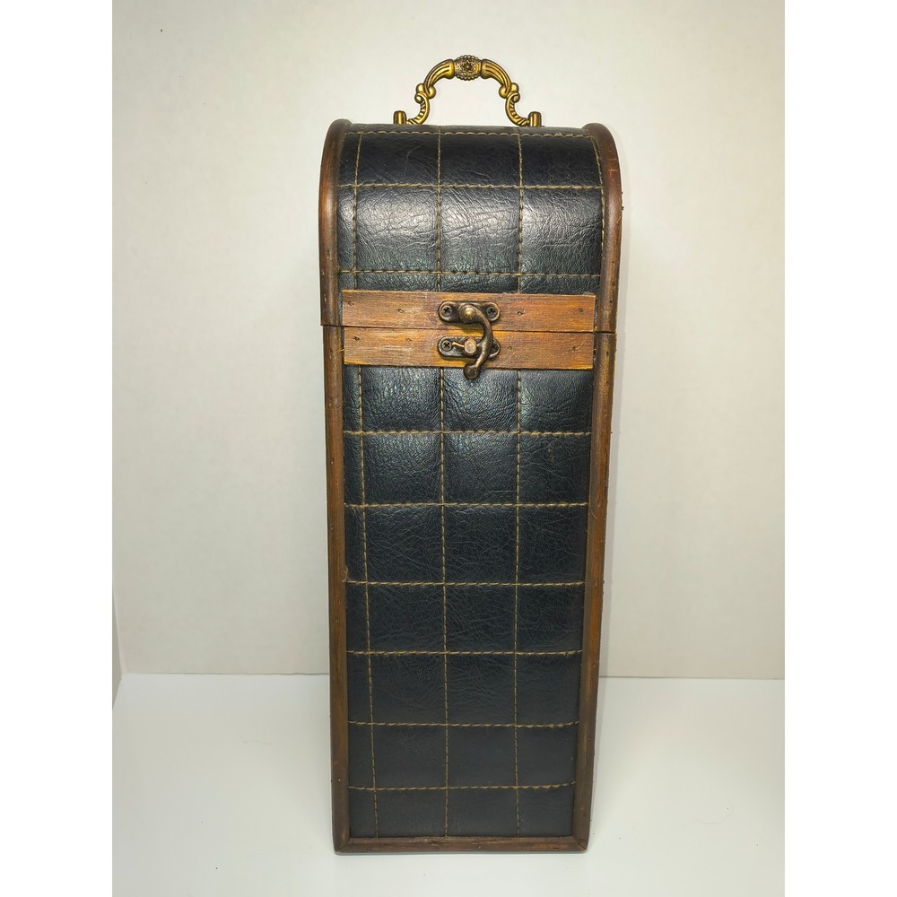 Wooden Wine Bottle Carrier Black Quilted Faux Leather Brass Latch Storage Box